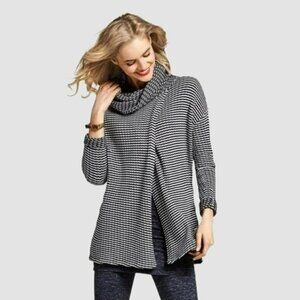 CABi Fergie Cotton Striped Textured Knit Split Overlapping Turtleneck Sweater S